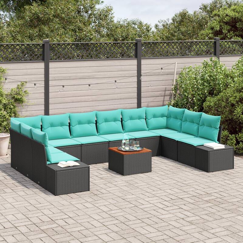 vidaXL 11 Piece Garden Sofa Set with Cushions Black Poly Rattan Acacia - 135.4×82.3×27.2