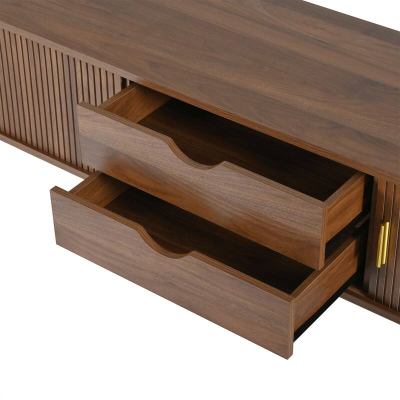 Mid-Century Modern Wooden TV Stand with Charging Station, Sliding Doors & Ample Storage for 80" TVs