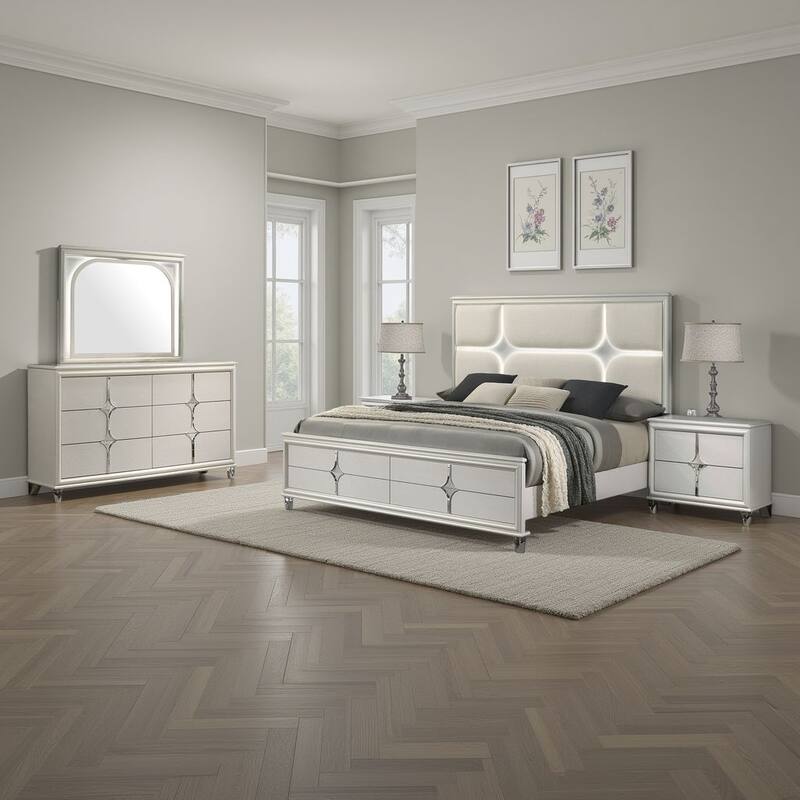 Ory 4pc Queen Bedroom Set, LED Lights, Diamond Star Design, White Wood
