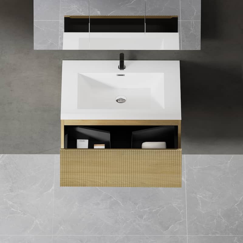 GDFStudio - Hudson 30-Inch Floating Bathroom Vanity with Solid Surface Basin and Fluted Storage Drawer