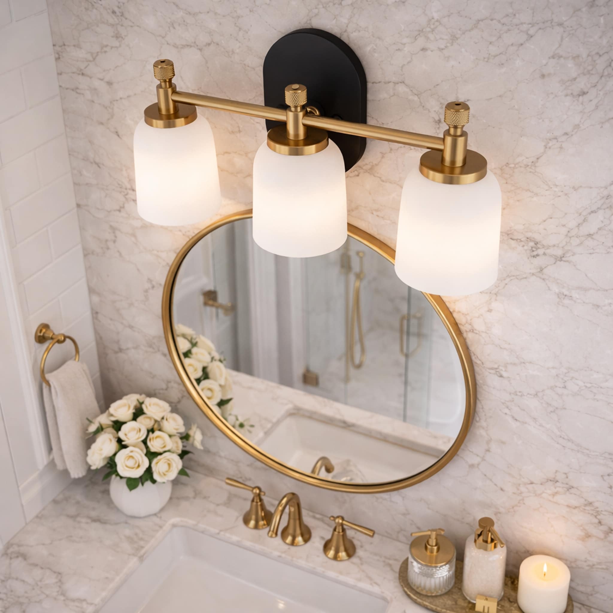 Flac Three-Light Vanity Wall Fixture in Brushed Gold with Frosted Glass Shades