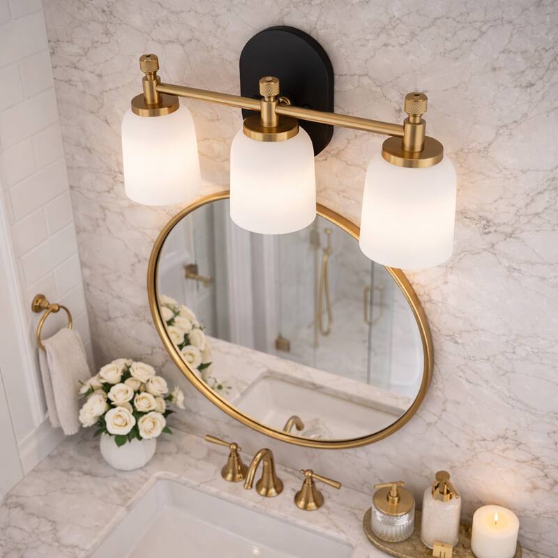 Flac Three-Light Vanity Wall Fixture in Brushed Gold with Frosted Glass Shades - Frosted Glass