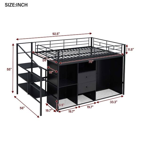 Black Metal Loft Bed with Drawers and Storage Staircase for Kids