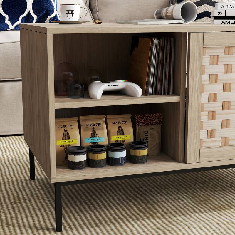 Elegant Veener Weaving Design Coffee Table with 4 Sliding Door