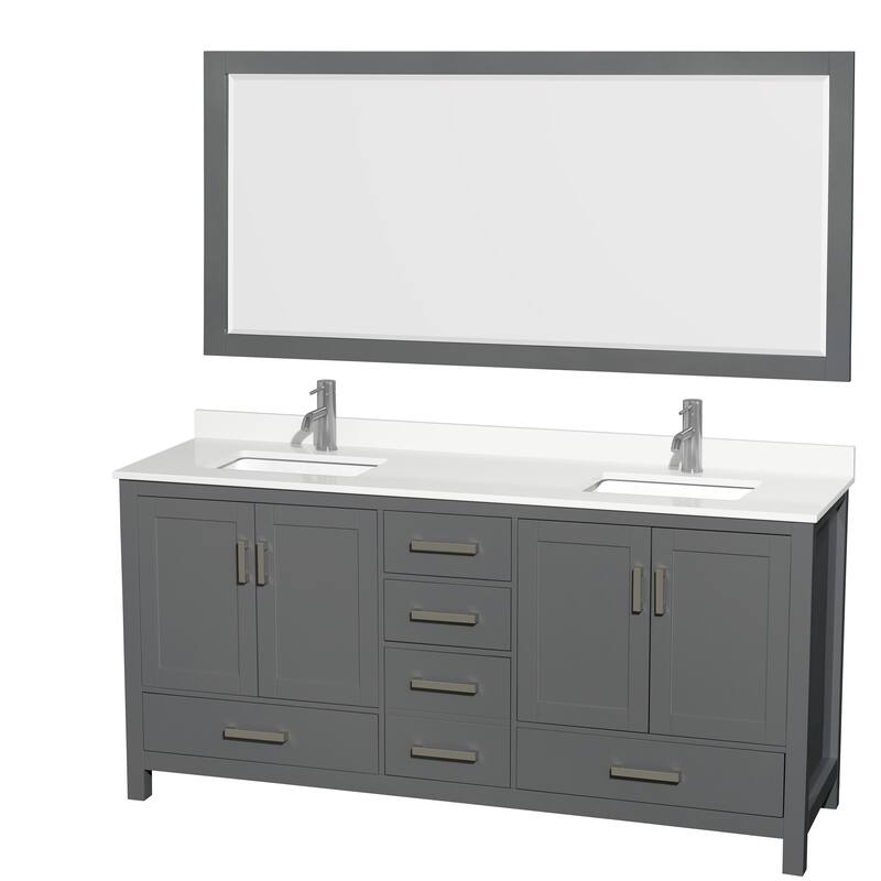 Sheffield 72-inch Double Vanity, Single Hole Quartz Top,70-inch Mirror - Dark Gray, Chrome Trim, White Quartz Top