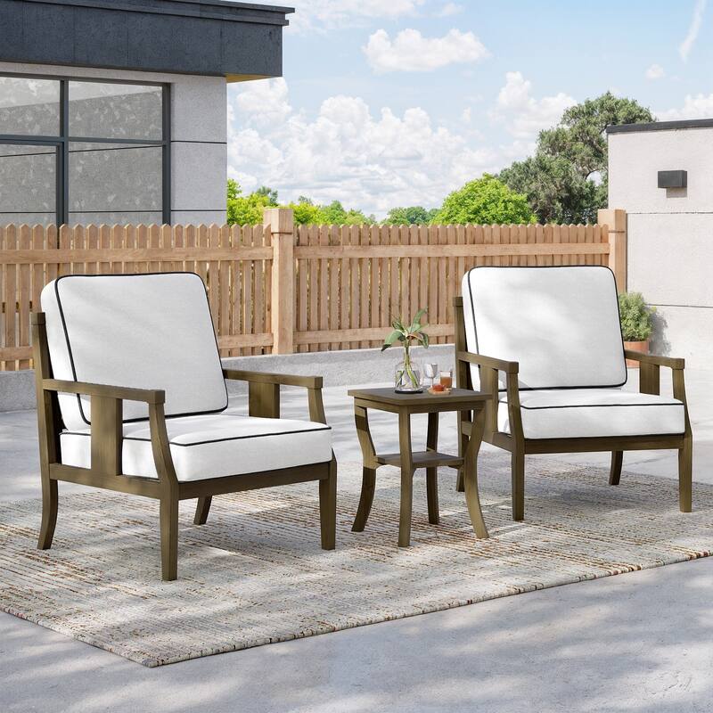 3-Piece Solid Teak Outdoor Patio Furniture Set Armchairs & Storage Table - Naturalframe-Beige - Natural Frame