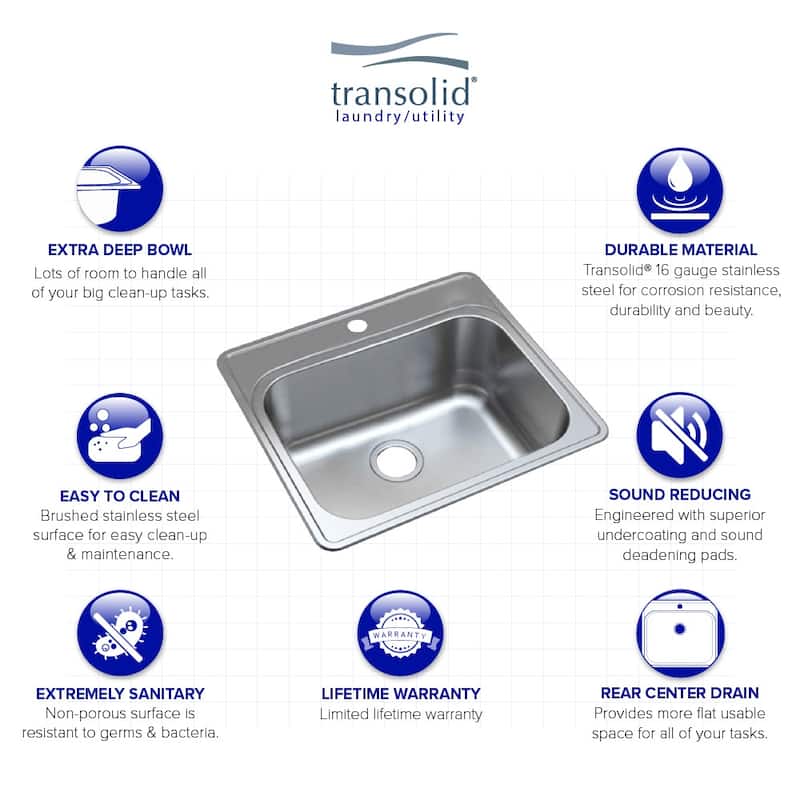 Transolid TRS_MTSB252212-3 Meridian 25" Drop In Single Basin Stainless - Brushed Stainless