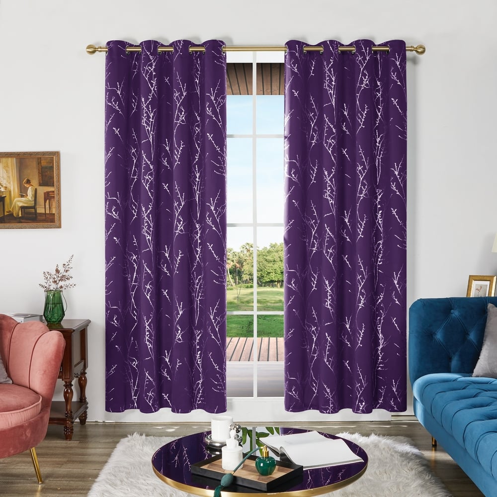 Deconovo Blackout Silver Tree Twigs Curtains(2 Panel)