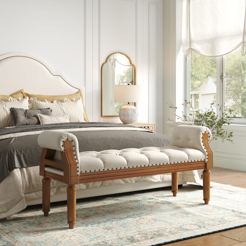 Christopher Knight Home - Mid-Century Solid Rubberwood Upholstered Bench with Rolled Arms, Button-Tufted Cushion & Nailhead Trim - Beige + Teak finish