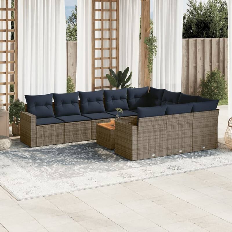 vidaXL 11 Piece Patio Sofa Set with Cushions Grey Poly Rattan - 24.4" x 24.4" x 27.2" - Grey - form2