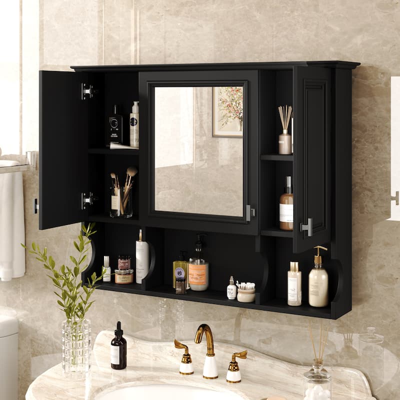 Bathroom Medicine Cabinet with Groove Design, Wall Cabinet with Mirror, Open Compartments of Curved Panls and Silver Handles