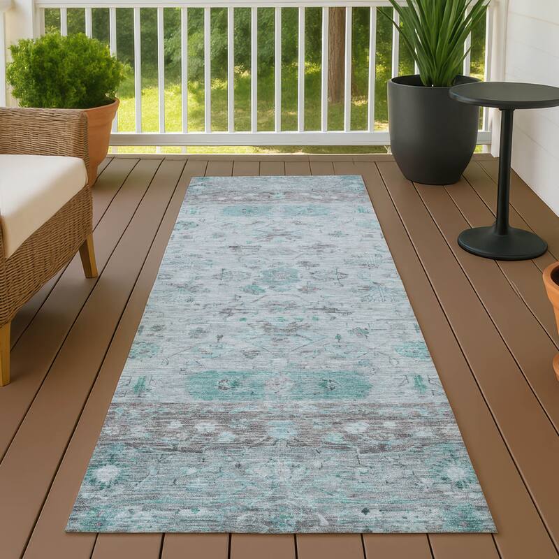 Machine Washable Indoor/ Outdoor Traditional Border Chantille Rug - Teal - 2'3" x 7'6"
