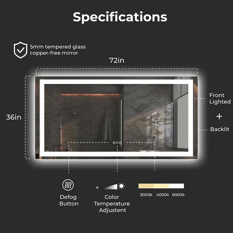 LED Bathroom Mirror with Lights 72x36, Lighted Vanity Mirror Wall Mounted with Front and Backlit - White