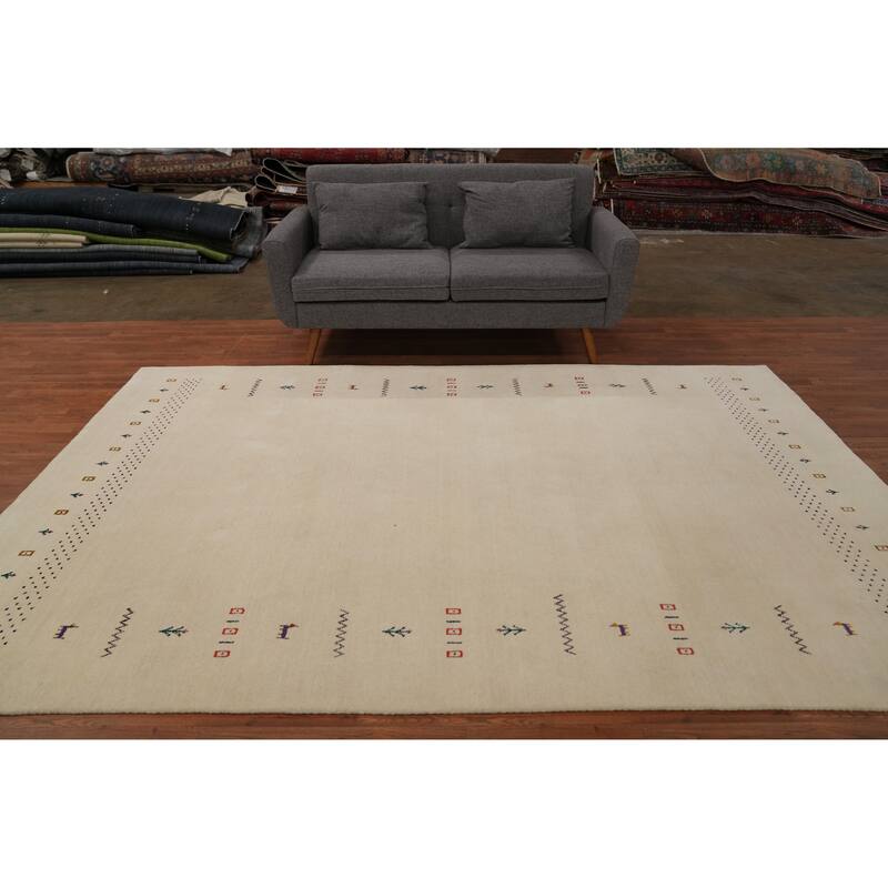 Hand Knotted Oriental 100% Wool Carpet Tribal Animal Pictorial Beige & Ivories Gabbeh Area Rug - 9' 10'' X 6' 7''