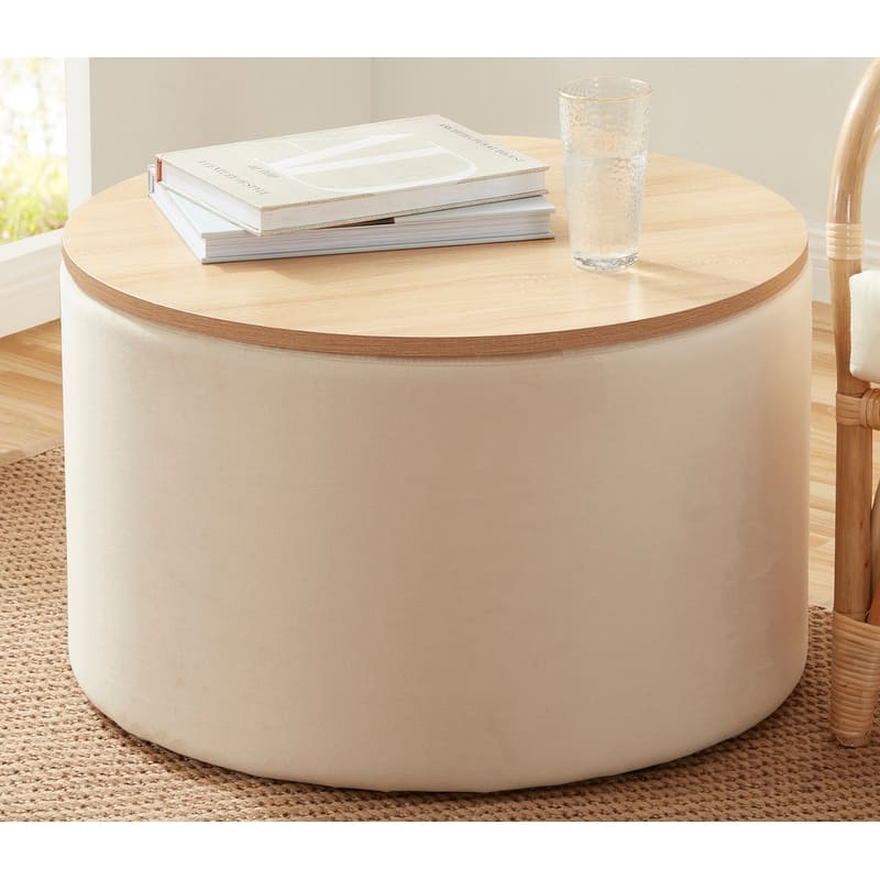 Parker Large Round Storage Coffee Table Ottoman with Wooden Lift Off Lid