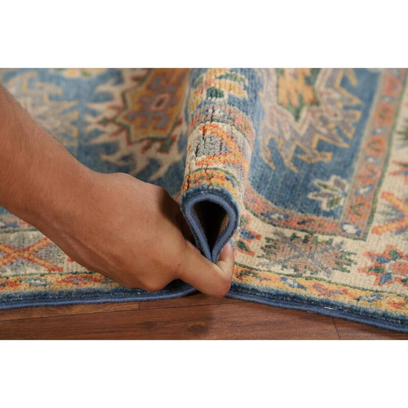 Hand Knotted Oriental 100% Wool Carpet Traditional Geometric Navy Blue & Blues Kazak Area Rug - 2' 10'' X 1' 11''