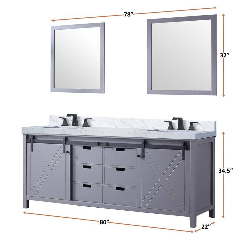 Marsyas 80 in W x 22 in D White Double Bath Vanity, Grey Quartz Countertop, Faucet Set and 30 in Mirrors