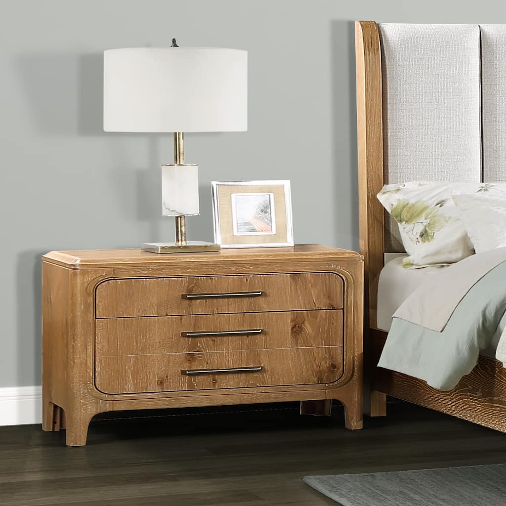1pc Natural Wood Finish Three Drawer Nightstand Wooden Furniture