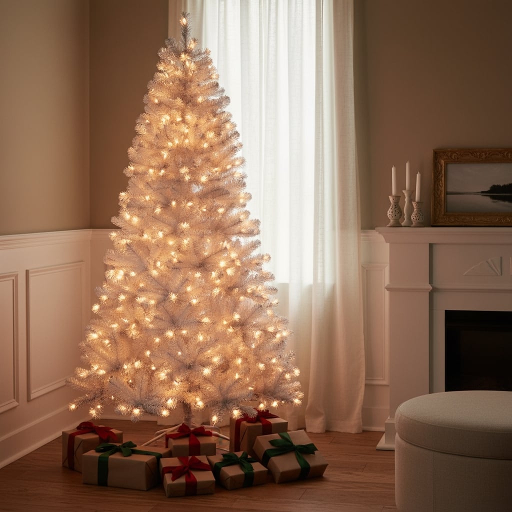 HomeRoots 7.5' White Pre Lit Full Fir Christmas Tree - 45.00 in. x 90.00 in. x 45.00 in.