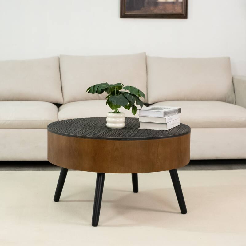 GDFStudio Veyrion Carved Round Coffee Table with Storage and Mid-Century Modern Design