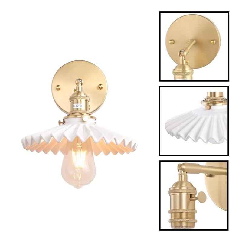 1 Light wall sconce pleated white wall lighting brass, ceramic bedroom wall lighting
