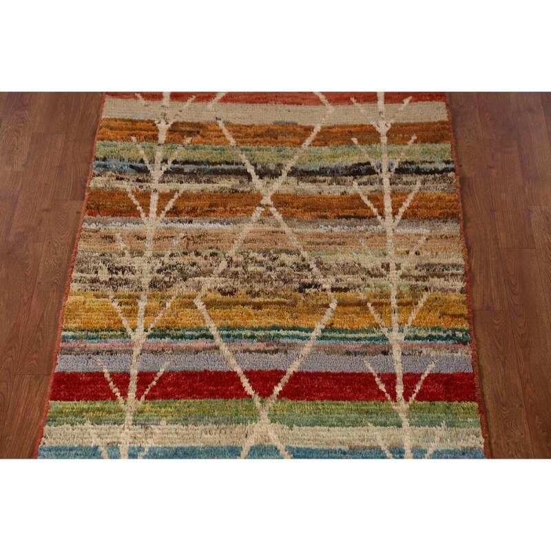 Geometric Moroccan Runner Rug Oriental Handmade Wool Carpet - 3'1" x 9'7"