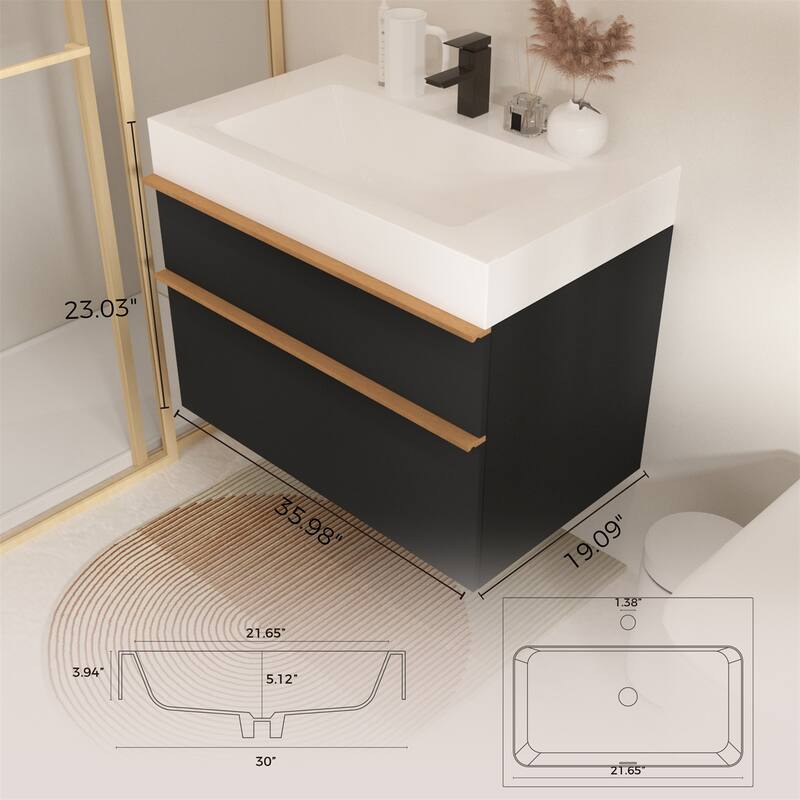 36" Wall Mounted Bathroom Vanity with Integrated Acrylic Sink, 2 Soft-Close Drawers