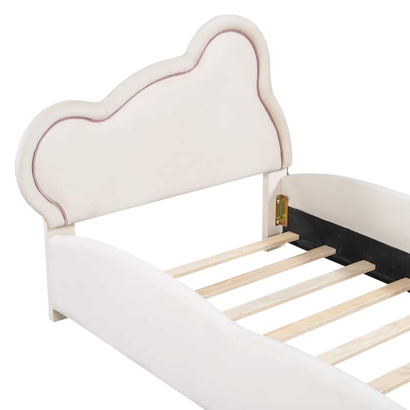 Twin Size Velvet Platform Bed with Bear-Shaped Headboard and with Drawers