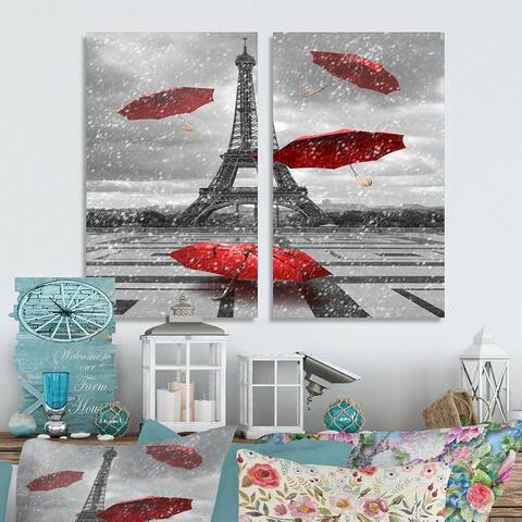 Designart 'Flying Umbrella with Eiffel Tower' Cityscapes Canvas Wall Art Print 2 Piece Set