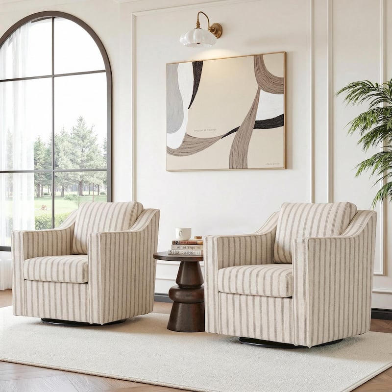 Chenille/Leather Swivel Barrel Chair(Set of 2) Modern Club Chair by UIXE - Fabric - PinStripe Light Brown