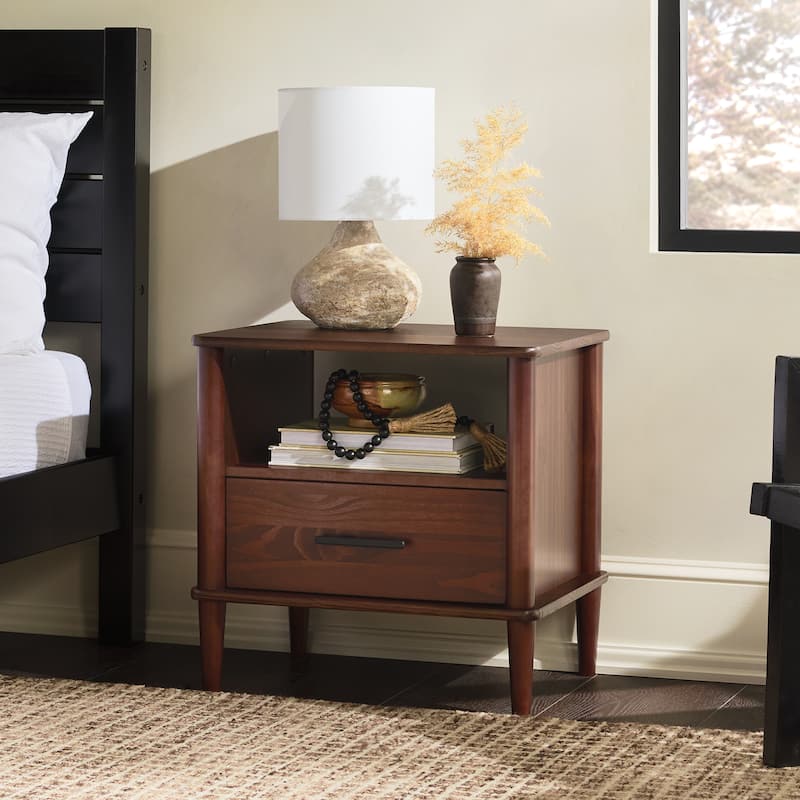 Classic Wooden Nightstand, Sofa Side Table with 1 Drawer, Decorative Table with Open Partition and Solid Wood Legs