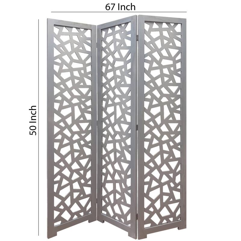 3 Panel Contemporary Wooden Screen with Cut Pattern Design, Gray