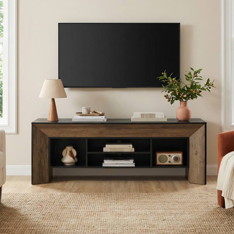 Farmhouse TV Stands for 70 inches TV, Wooden Entertainment Center with Open Storage Shelves for Living Room