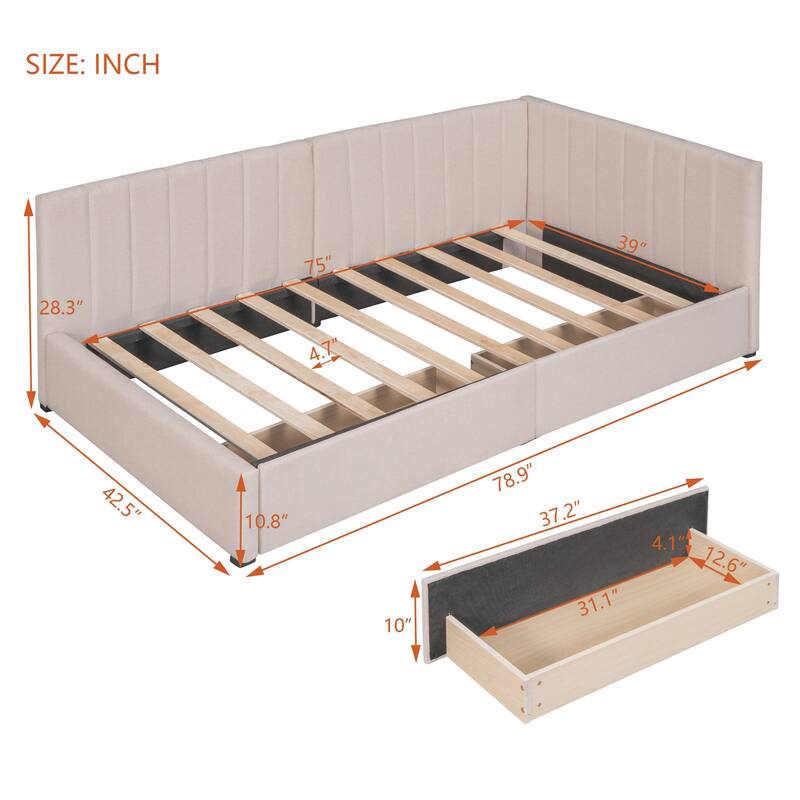 Upholstered Daybed with 2 Storage Drawers Sofa Bed Frame No Box Spring Needed