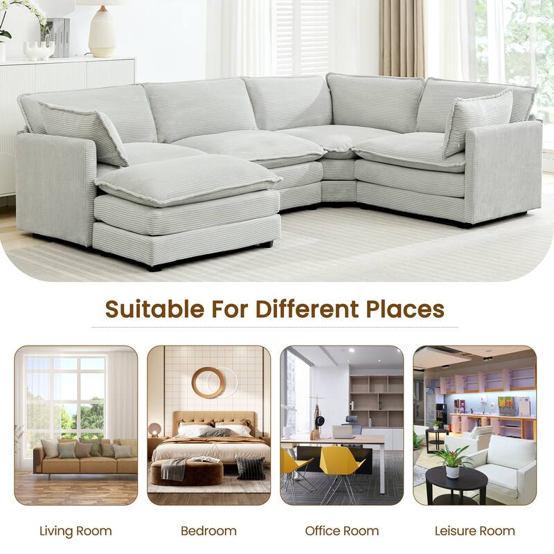 5-Seater Corduroy Sectional Sofa with a Removable Ottoman & Corner Seat, Soft & Comfortable - 4 Seats with 1 Ottoman