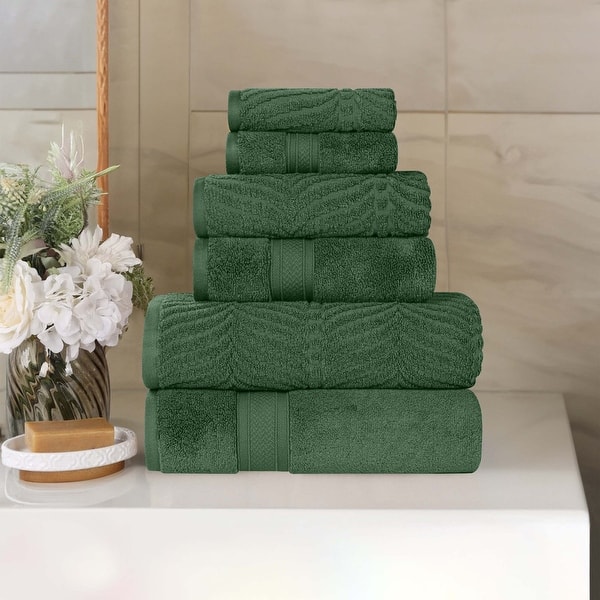 Superior Chevron Zero Twist Solid and Jacquard Cotton 6 Piece Towel Set - Forest Green