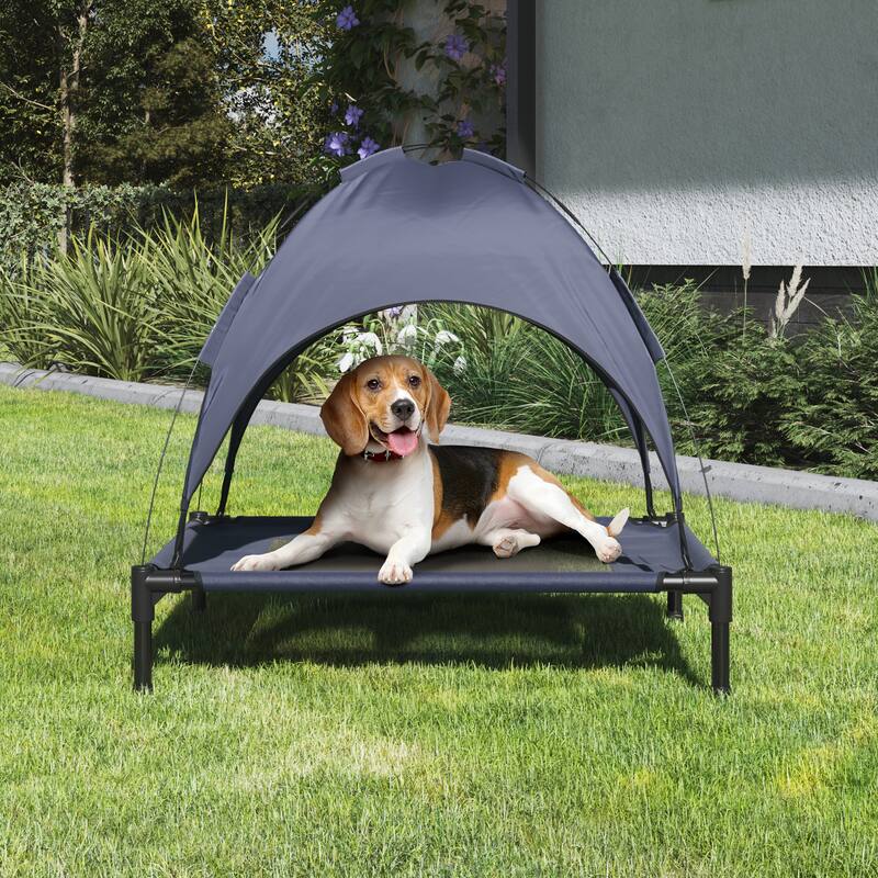 Blue Steel Frame Elevated Dog Bed with Canopy & Non-Slip Feet - Indoor/Outdoor Puppy Cot for Pets