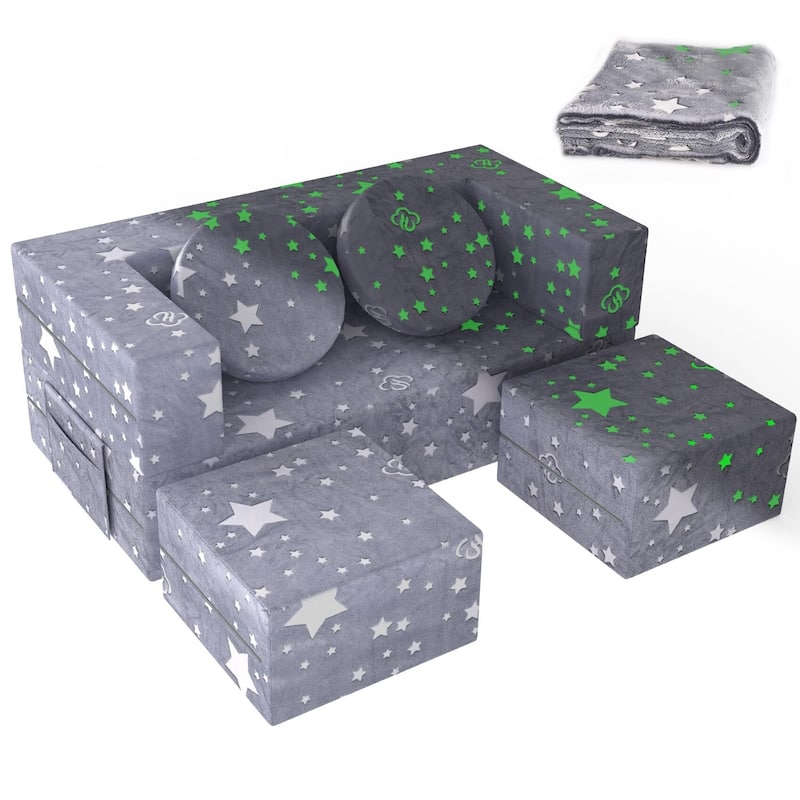 Kids Couch, 6PCS Toddler Couch with Blanket for Bedroom Playroom, Multifunctional Nugget Couch Kids Play Couch Sofa - Glowing Star