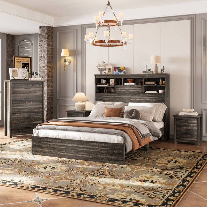 4-Pieces Bedroom Sets Queen Size Platform Bed Low-Profile Bed Frame with 2 Nightstand and 1 Dresser, USB Port, Storage Headboard - Antique Grey - Queen