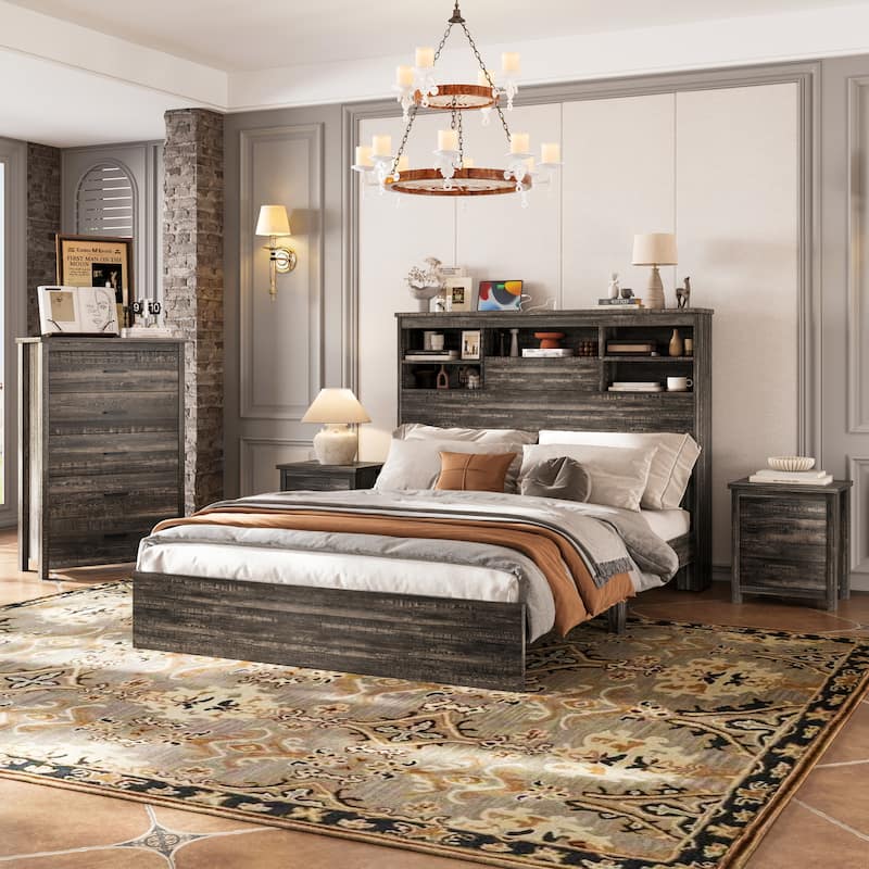 Queen 4PCS Wooden Bedroom Set with Storage Headboard and Charging Station - Antique Gray - Queen