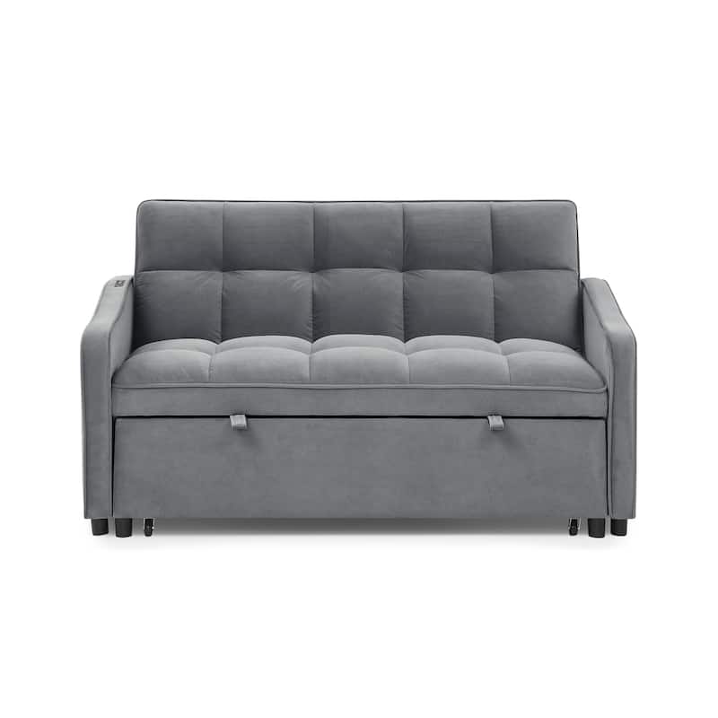53" Foam Adjustable Loveseat Sofa Bed with Pull-Out Bed, USB/Type-C Charging, Copper Nail Trim, and Arm Storage Pockets