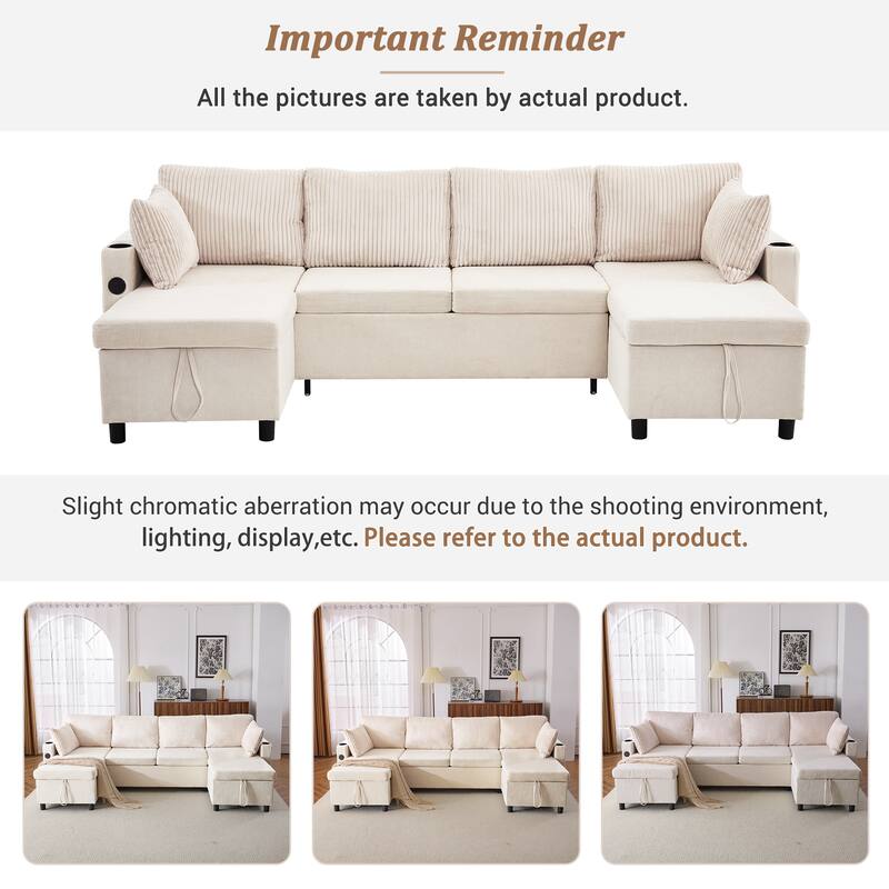 111.8" Chenille U-Shaped Sectional Sleeper Sofa with USB & Storage