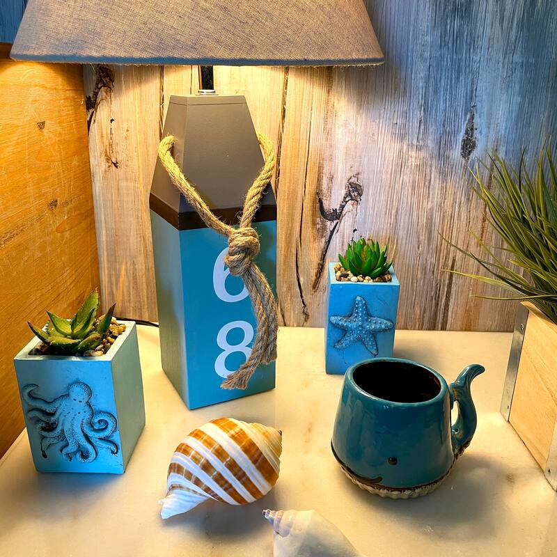 Coastal Blue Buoy Table Lamp 19.5" Nautical Beach Decor With Shade - 19.25 X 12 X 12 inches
