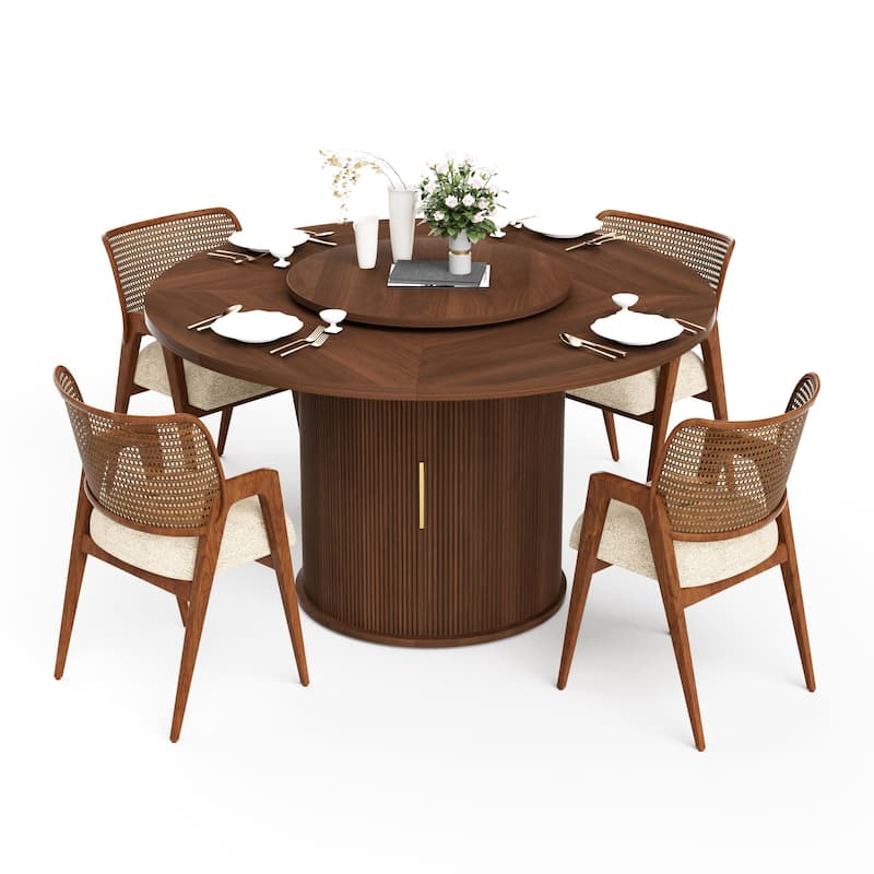 55" Round Dining Table with Rotating Tray and Double-Tiered Storage Rack for Six