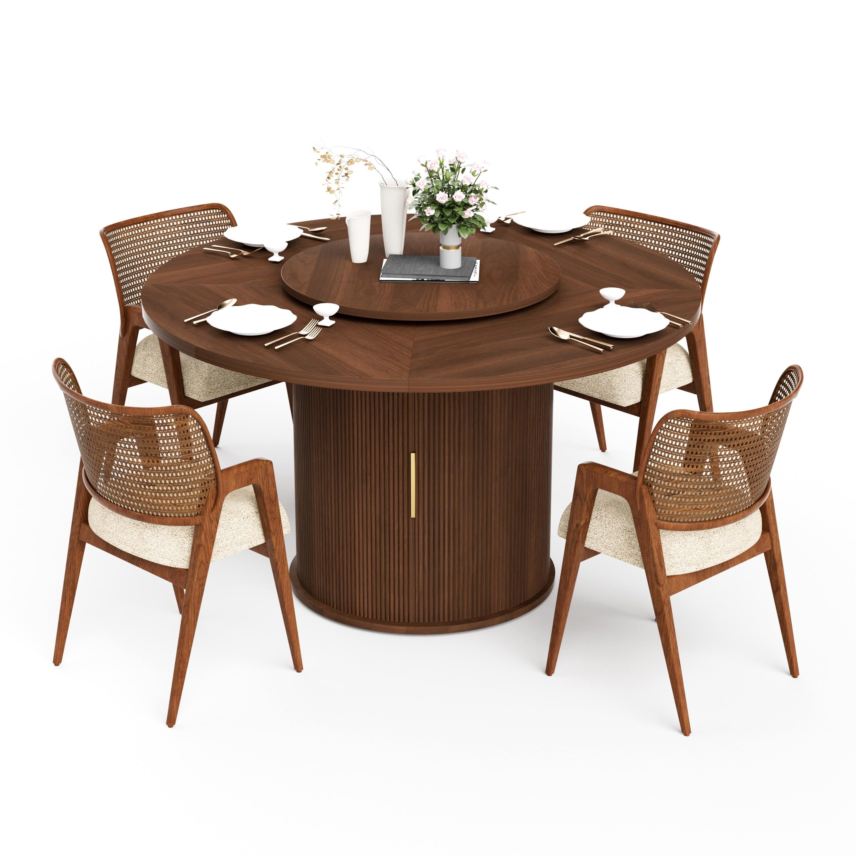 55-inch round dining table for six, featuring a double-tiered storage rack and a rotating tabletop tray