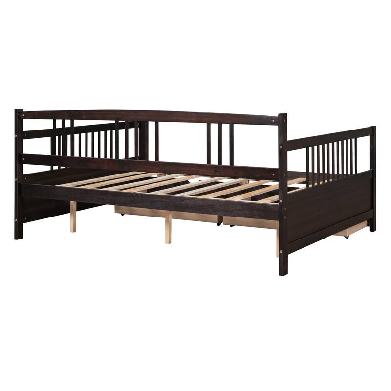 Wood Bed Full Size Daybed with 2 Drawers, Storage Platform Bed Sofa Bed with Side Rails for Bedroom, Living Room