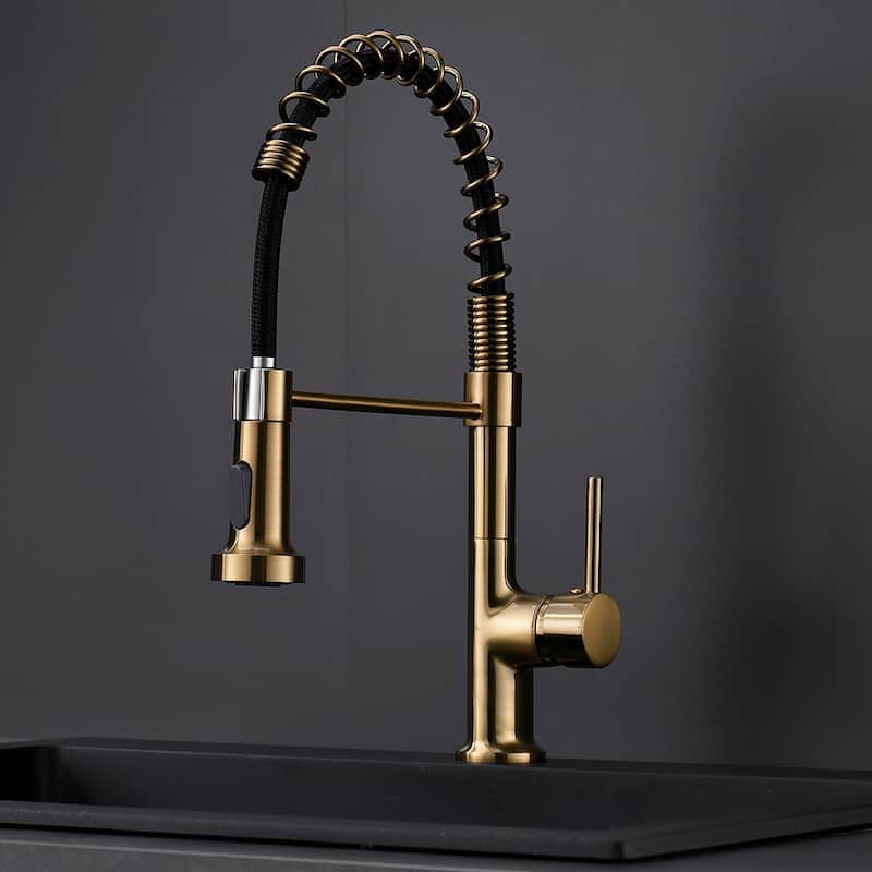 Single Handle Commercial Kitchen Sink Faucet With Pull Down Sprayer Modern Spring Single Hole Basin Taps Brushed Gold