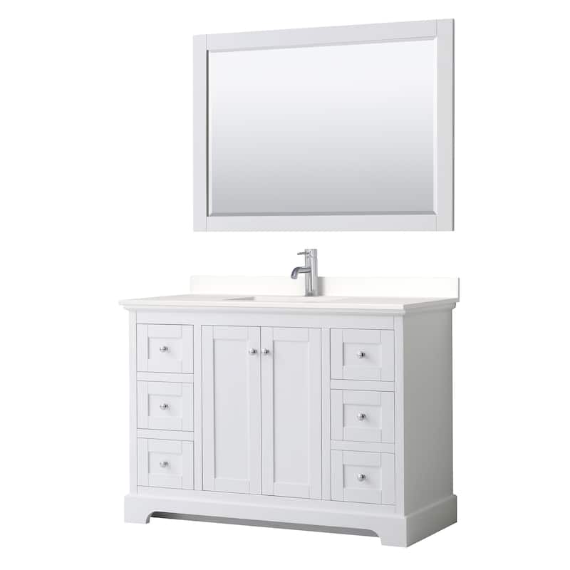 Avery 48-inch Single Vanity, Quartz Top, 46-inch Mirror - White, Chrome Trim, White Quartz Top