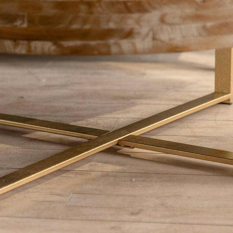 Roomfitters 31.29" Modern Retro Round Coffee Table with Fir Wood Top and Gold Cross Legs Base