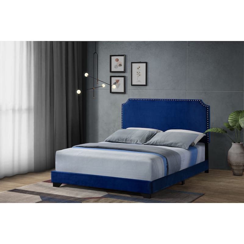 Blue Velvet Queen Bed with Nailhead Trim and Wooden Legs - Blue